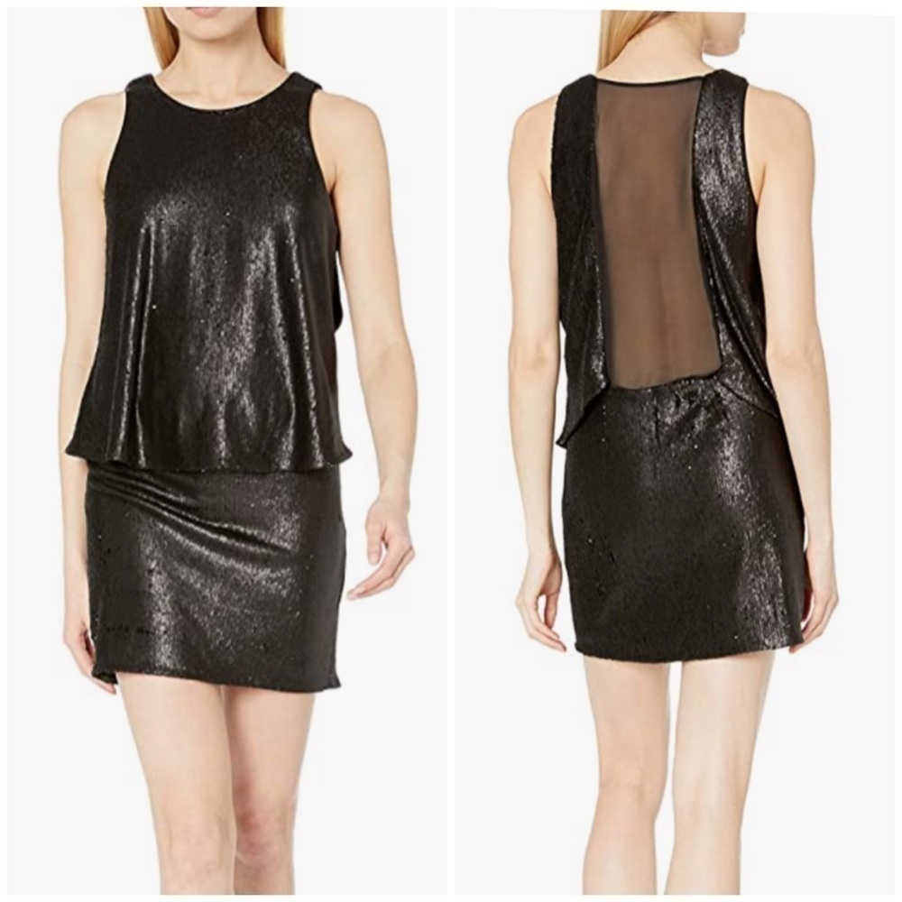 NWT Halston Heritage Black Sequin Party Mini Dress Mesh Back LBD Sparkle Sz 4